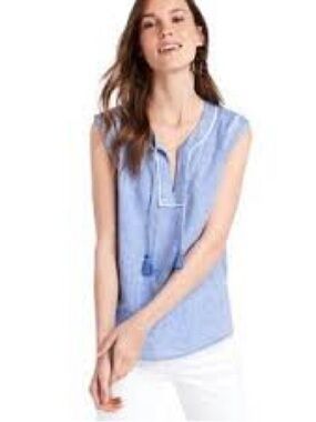 Vineyard Vines Women Sz M Blue 100% Linen Notch Neck Popover Blouse Sleeveless
